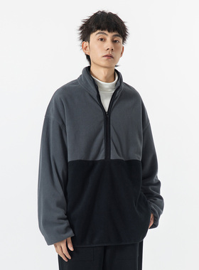 日系摇粒绒撞色套头卫衣男cityboy秋冬工装立领外套