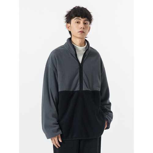 日系摇粒绒撞色套头卫衣男cityboy秋冬工装立领外套