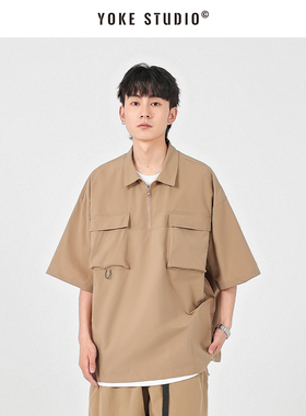 日系夏季男生短袖衬衫 轻户外机能半拉链上衣