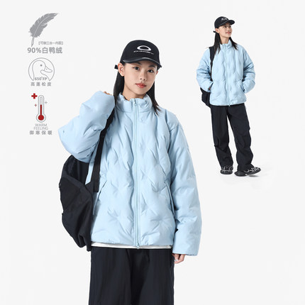 男女同款压印菱格羽绒服立领双拉链短款90白鸭绒保暖外套