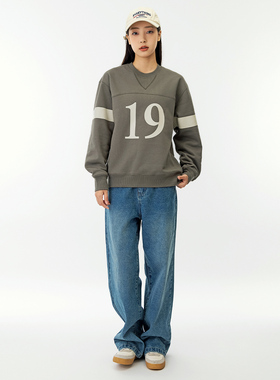 2025 春季休闲宽松中性情侣上衣圆领套头薄绒拼色卫衣女