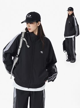 春季立领夹克杠条宽松外套运动风双拉链夹克外套男女同款潮
