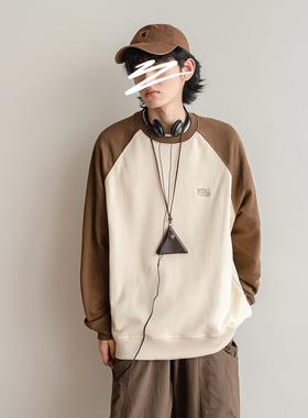 春季时尚拼接撞色圆领卫衣日系情侣宽松休闲百搭字母印花外套