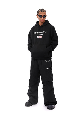 FOH 450g重磅渐变字母连帽加绒卫衣男秋季新款潮牌宽松休闲帽衫