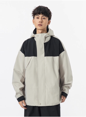 日系cityboy撞色拼接连帽夹克男立领宽松休闲外套春