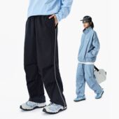 潮长裤 双褶皱城市运动长裤 男女宽松直筒伞兵裤