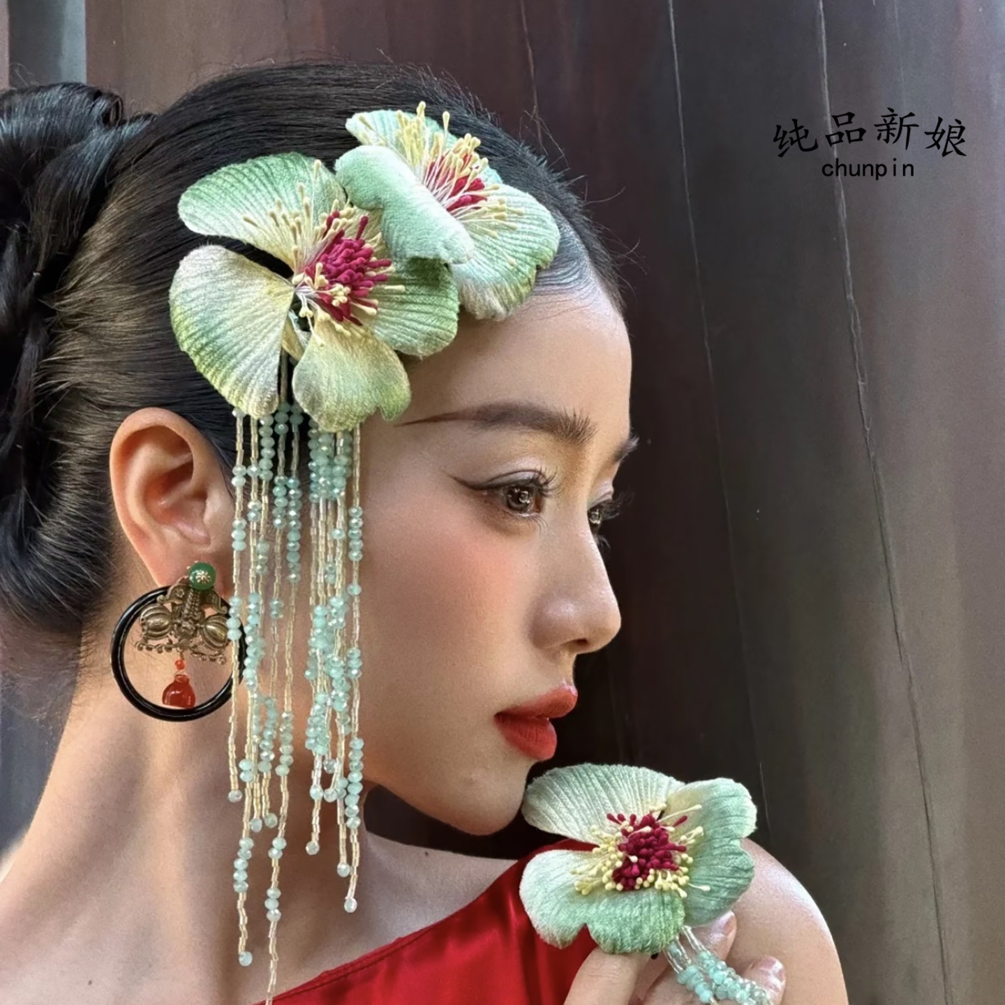 新娘新中式流苏轻纱仿真花头饰图片