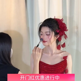 新款新娘红色花朵头饰超仙减龄流苏边夹发饰晚礼服晨袍订婚配饰品