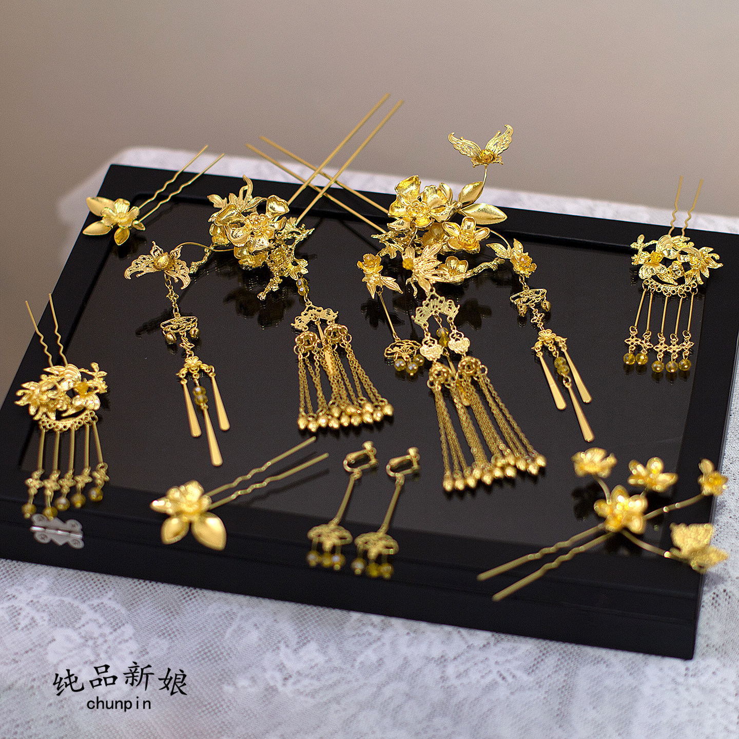 新娘中式头饰秀禾服龙凤褂黄金色发簪发饰简约古典婚礼盘发配饰品