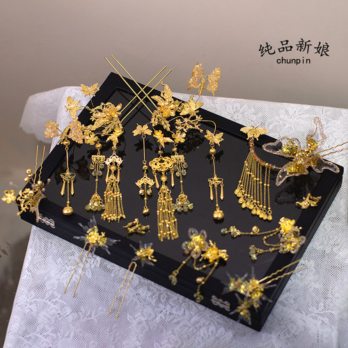 高级新中式金色滴胶蝴蝶新娘发簪