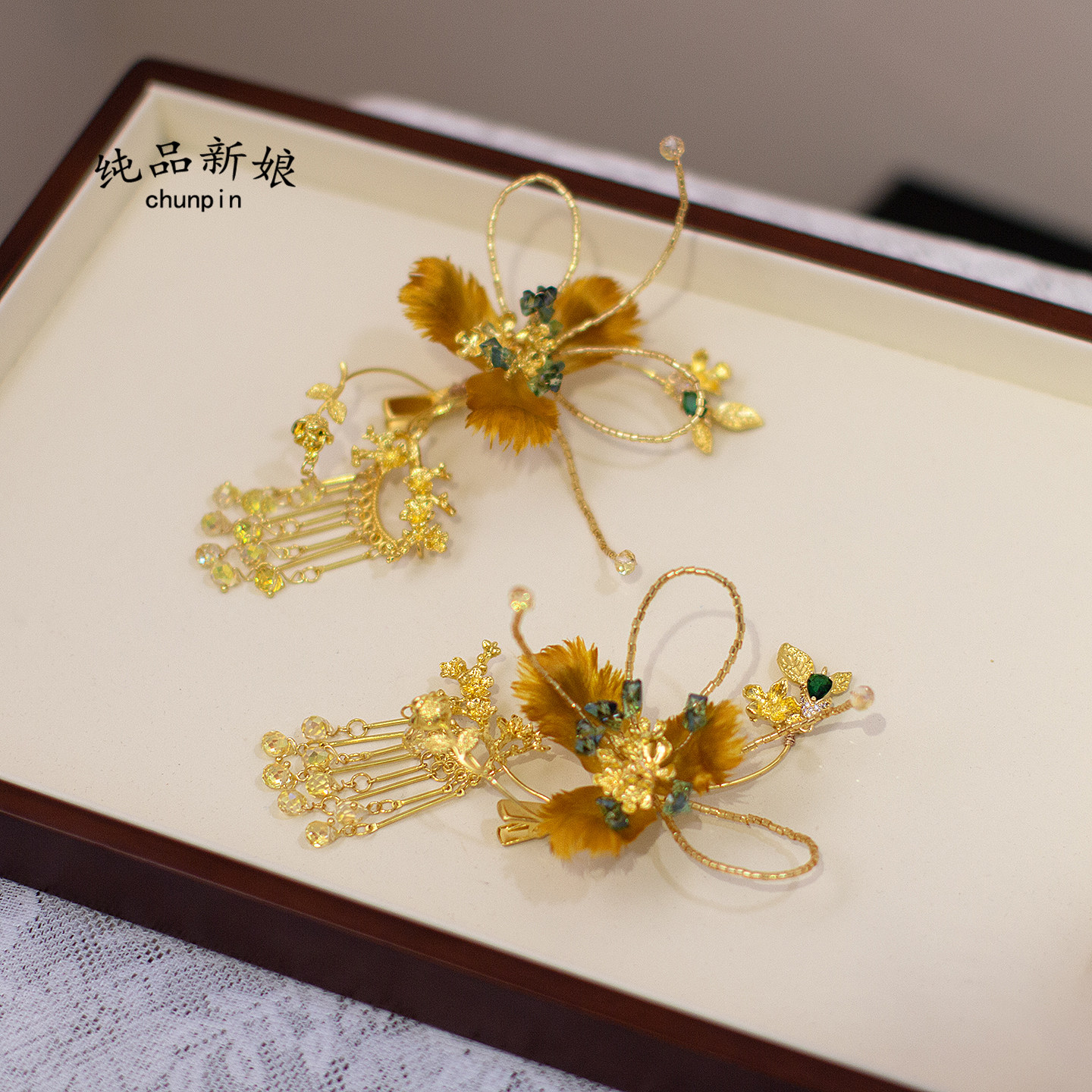 新款新娘墨绿色头饰羽毛复古发饰晨袍秀禾服旗袍龙凤褂古风配饰品