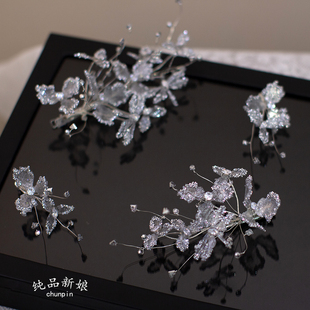 韩式 新娘边夹头饰甜美灰蓝色滴胶发饰婚纱晚礼服晨袍盘发婚礼配饰