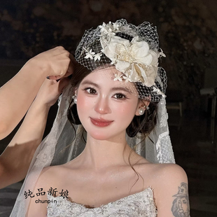 高级感法式甜美新娘白色花朵网纱礼帽饰小众超仙婚纱礼服样片配饰