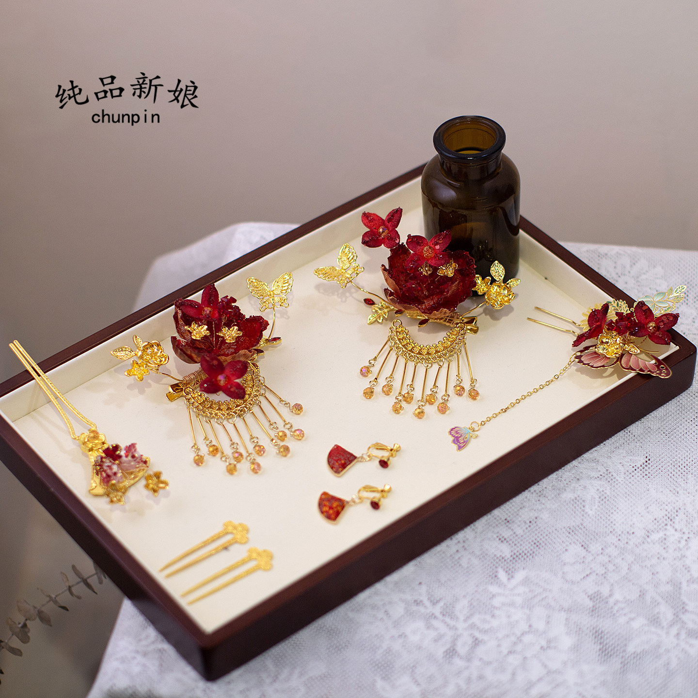 新款高级新中式新娘头饰秀禾服龙凤褂晨袍红金色发簪发饰结婚配饰