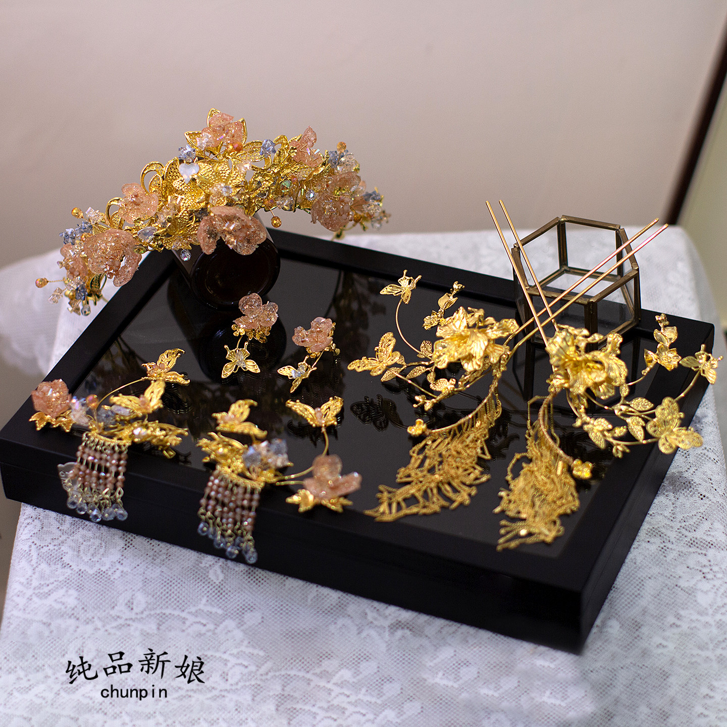 中式新娘头饰黄金色凤冠鬓角夹发饰秀禾服龙凤褂发饰古典结婚配饰