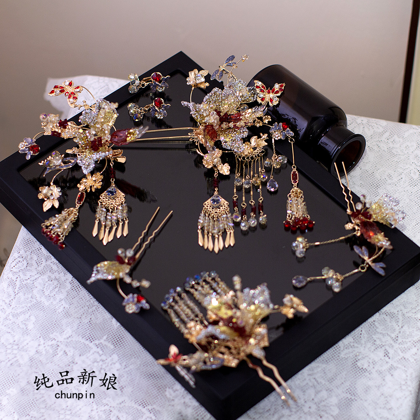 新款简约新娘中式头饰秀禾服龙凤褂金红发饰结婚礼出门盘发配饰品