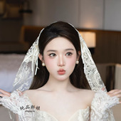 纯品新娘轻复古法式 蕾丝蝴蝶结短头纱唯美网感高级头饰订婚领证纱