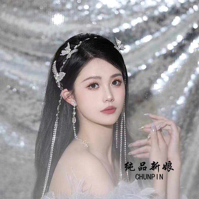 新娘发带头饰项链耳饰套装小众个性蝴蝶发饰敬酒服婚纱晚礼服配饰