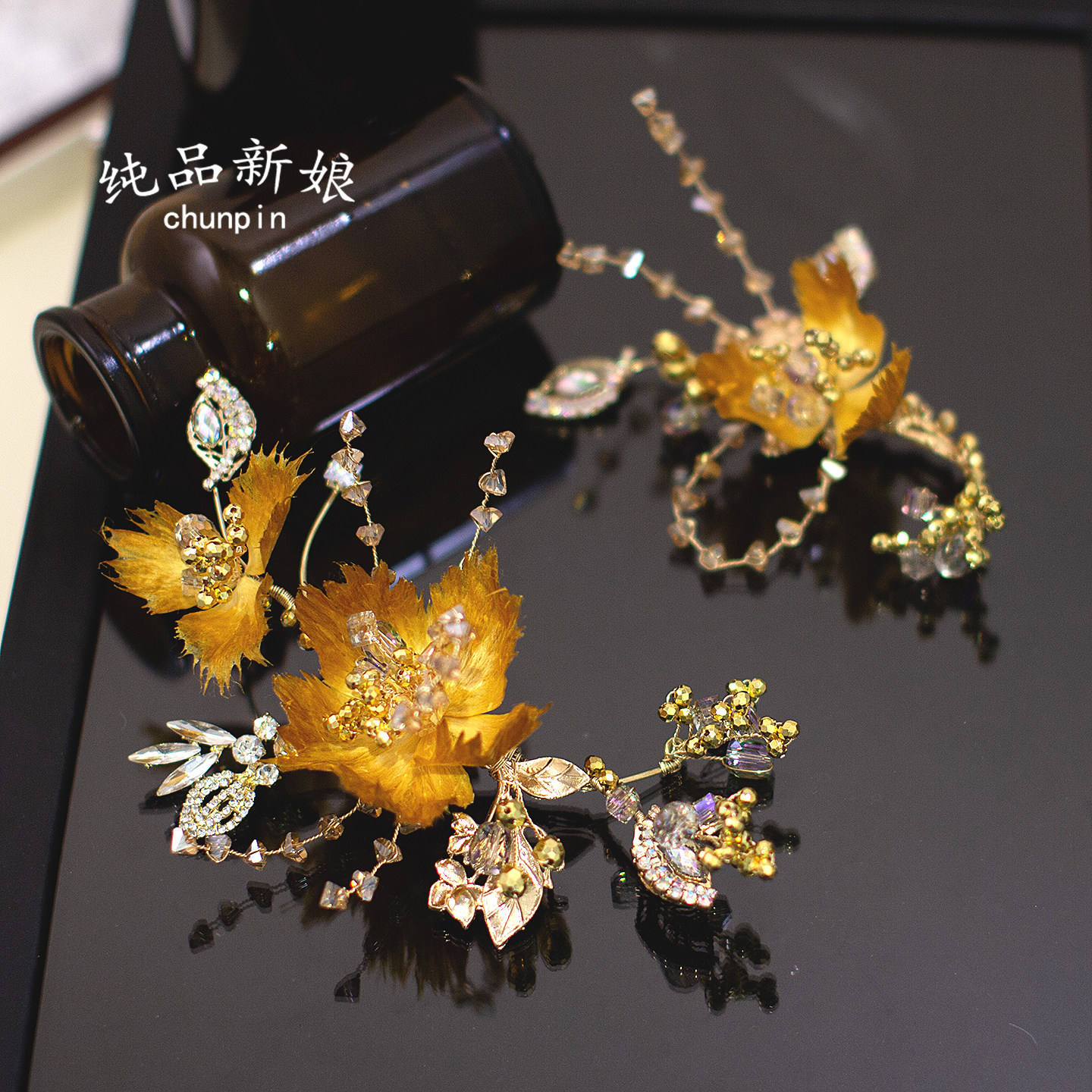 新款新娘龙凤褂金色头饰掐丝边夹古风汉服秀禾服发饰婚礼晨袍配饰