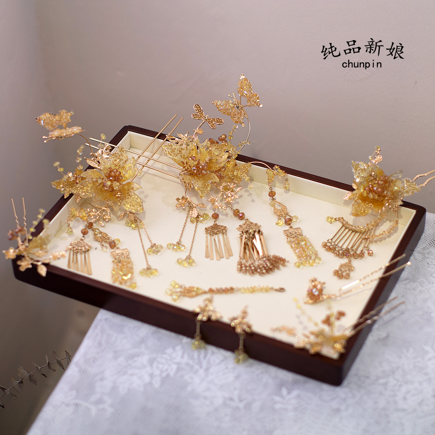 新款中式新娘头饰龙凤褂秀禾香槟色发簪发饰古典婚礼盘发高级配饰
