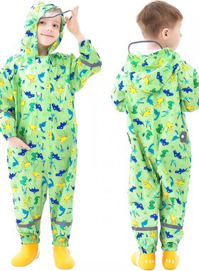 2025新款卡通男女童户外连体雨衣透明帽檐恐龙雨披上下学防风拉链