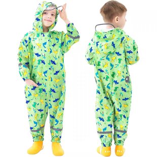 2026新款卡通男女童户外连体雨衣透明帽檐恐龙雨披上下学防风拉链