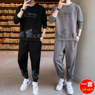 速发男士休闲运动长装宽松长袖T恤搭配套裤子潮流春秋装跑步卫衣