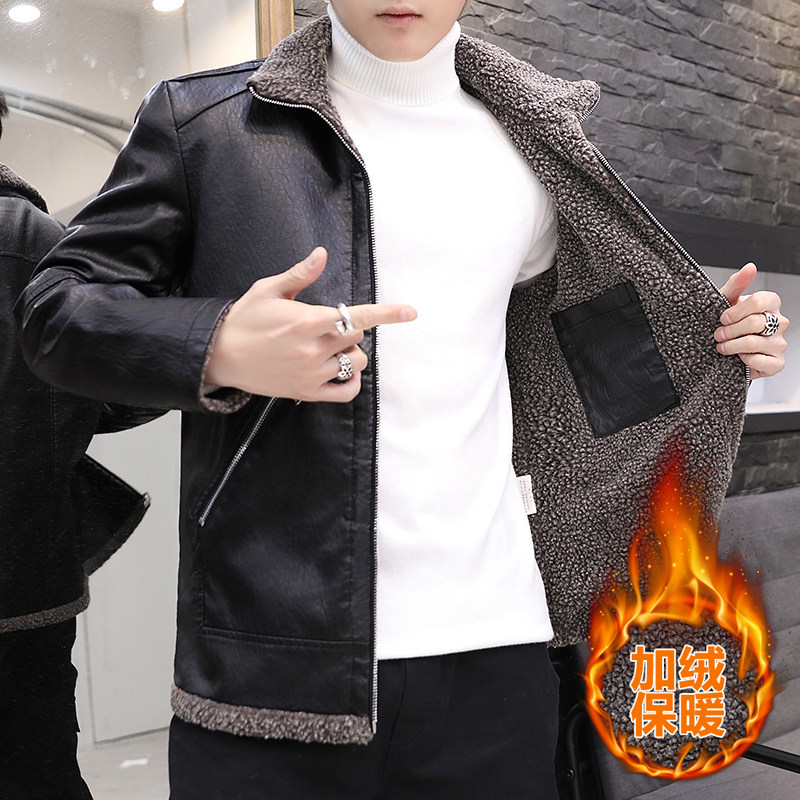 速发冬季新款加衣男皮领加绒翻厚机车服外套羊羔绒夹克男士冬装上