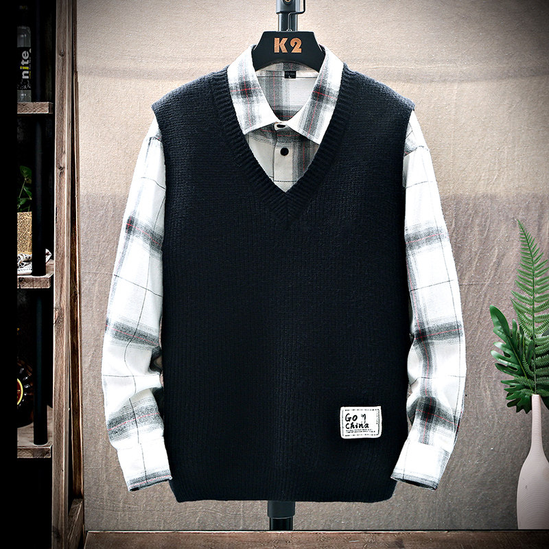 速发男士毛衣秋冬季V领内搭宽松加厚无袖毛个背心韩流潮版织性衫