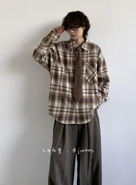 ZOAK 秋冬日系复古撞色格子衬衫男女生学院风宽松休闲长袖上衣潮