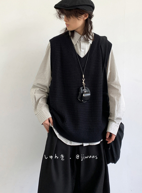 ZOAK日系复古纯色V领针织背心男女生宽松百搭无袖坎肩马甲上衣