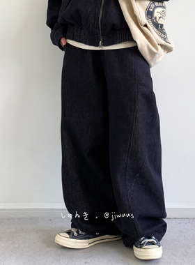 ZOAK秋日系复古深蓝色牛仔裤男女生立体剪裁宽松阔腿弯刀长裤