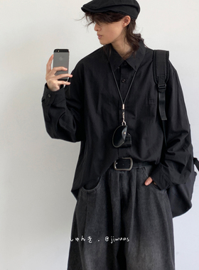 ZOAK日系复古基础款黑色衬衫男女学生宽松简约休闲长袖打底衫上衣