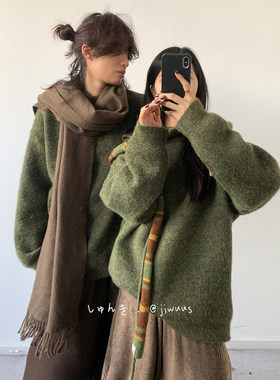 ZOAK冬日系复古做旧情侣毛衣男女生学院风磨毛宽松上衣