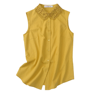 艾藤百搭纯棉衬衫女镂空装饰翻领衬衣无袖打底衫内搭背心上衣