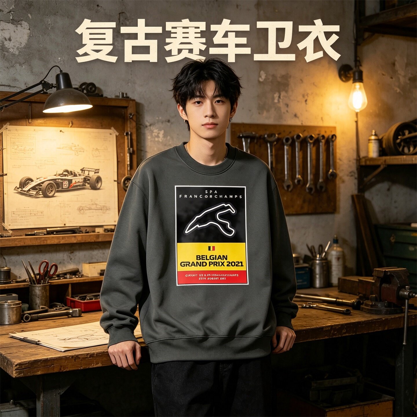 F1赛车比利时斯帕赛道周边连帽卫衣加绒春秋学生休闲保暖上衣服男