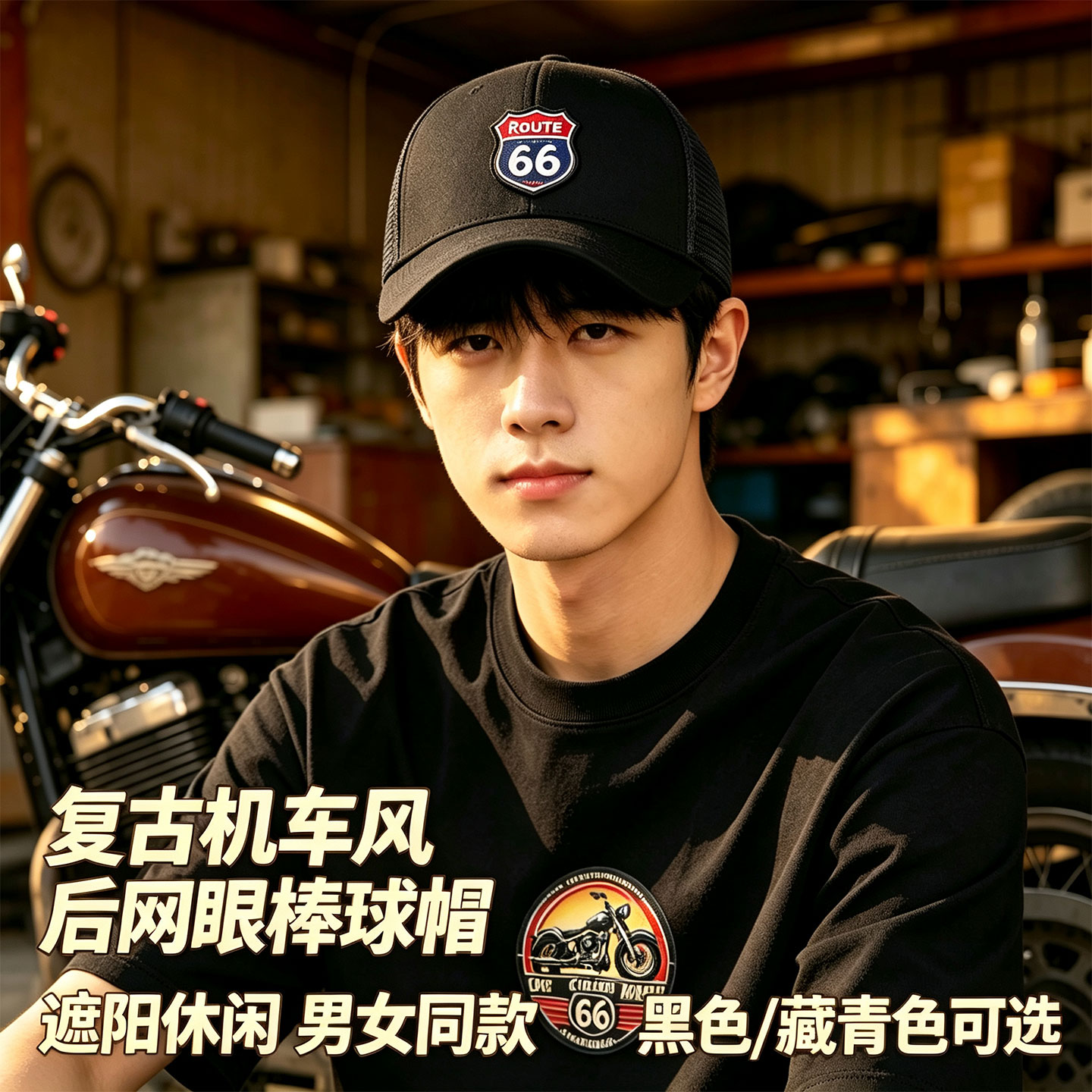 Route66号公路复古摩托机车网眼棒球帽鸭舌帽遮阳男女帽子百搭潮