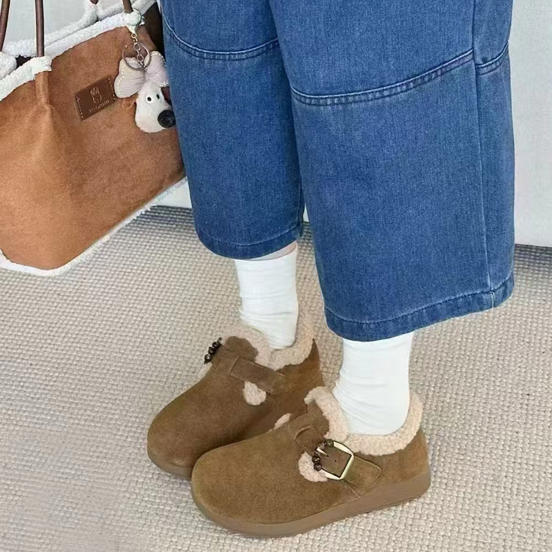 芭笛尔2025冬新款真皮勃肯鞋女毛毛鞋百搭平底加绒保暖棉鞋69332