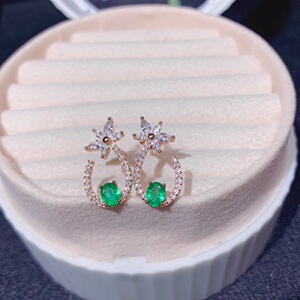 时尚精致耳钉镶嵌空托椭圆4*5mm s925银镀18K金饰品天然祖母绿