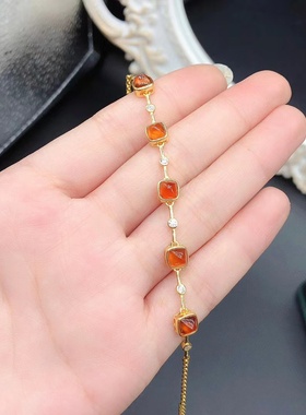 s925银镀金手链空托方5*5mm时尚包镶简约大气芬达石榴石塔糖手链