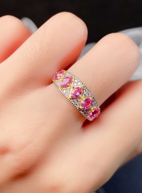 s925银饰戒指空托排戒款椭圆形3*4mm气质轻奢镀双色粉蓝宝石戒指