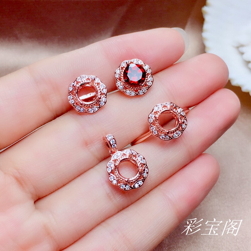s925银戒托吊耳钉同款套装空托