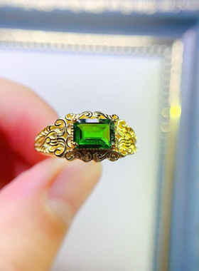 通体s925银戒指空托女复古宫廷风方形5*7mm活口戒托祖母绿碧玺托