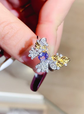 s925银戒指空托蝴蝶款时尚气质优雅百搭椭圆4*5mm镶彩宝