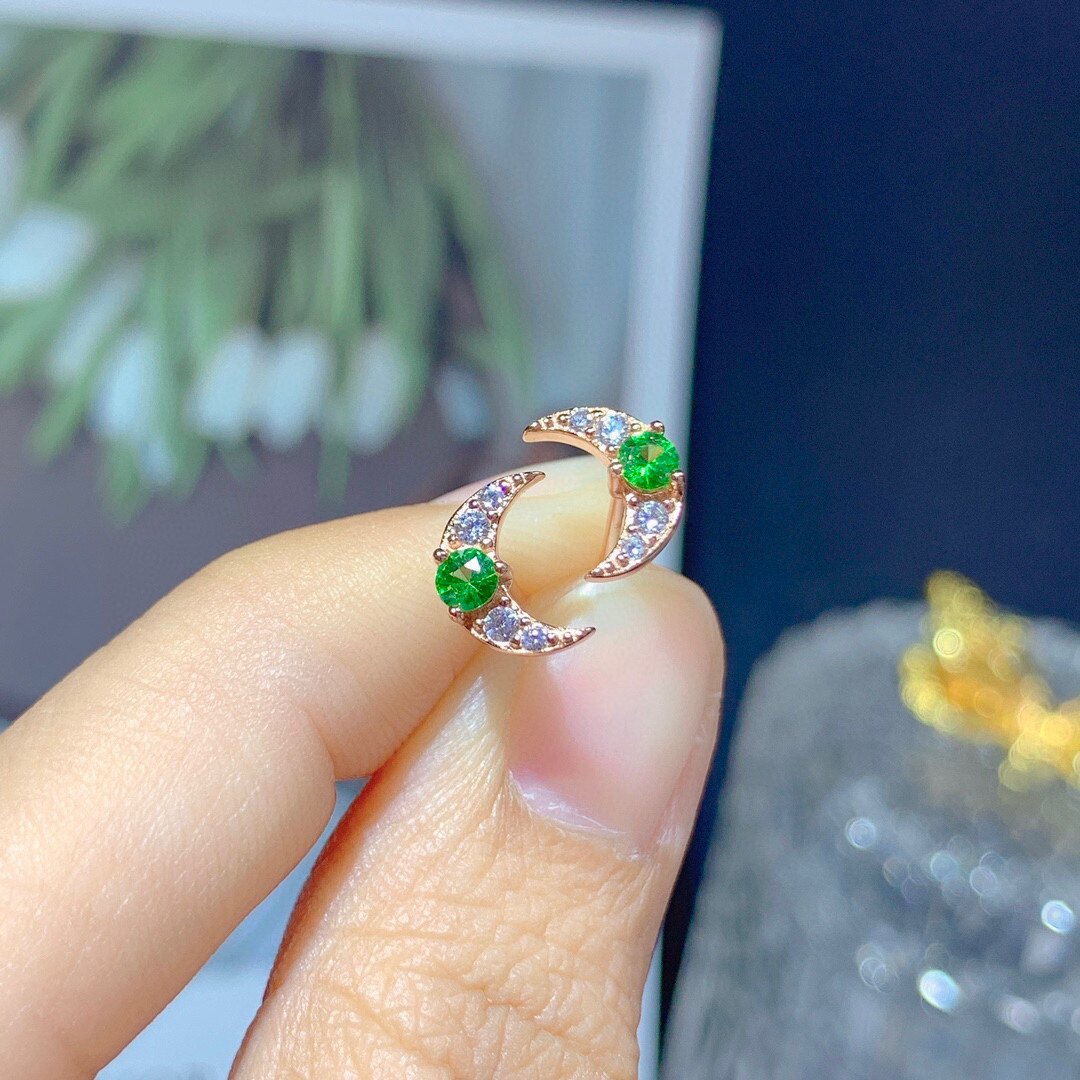 新款潮925纯银耳钉女圆形3*3mm轻奢清新镶沙弗莱欧泊碧玺月牙耳饰
