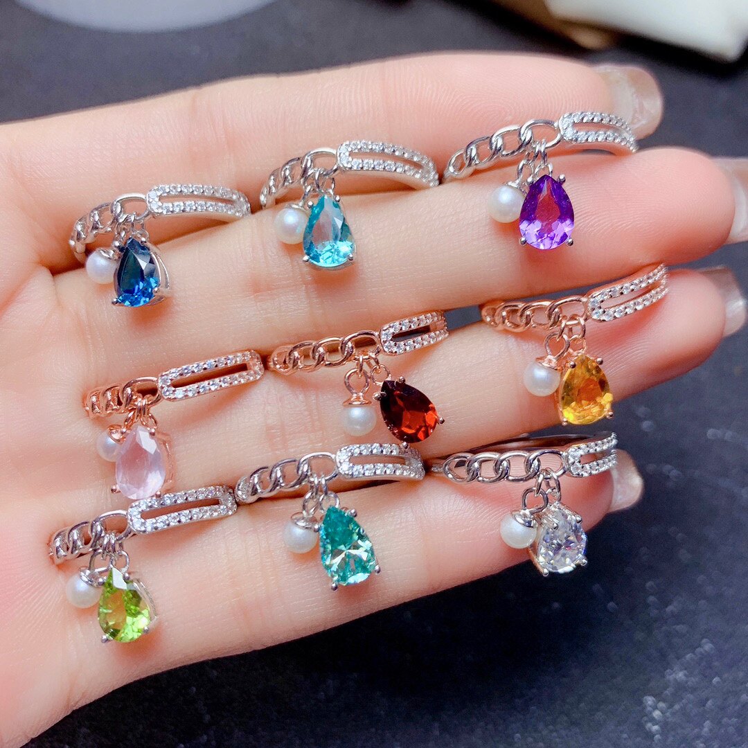 s925银镀金戒指空托新款轻奢个性戒指女活口镶嵌彩宝水晶水滴5*7