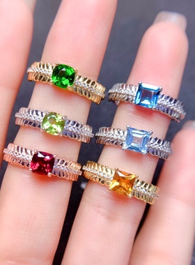 s925银镀金戒指空托欧美气质大气时尚方形透辉托帕橄榄石黄水晶托