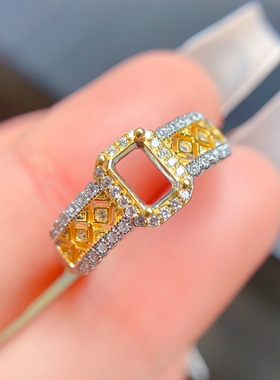 s925纯银镀金戒指空托长方形4*6mm复古独特设计简单精致百搭女款