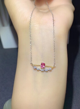 s925银镀金简约气质锁骨链项链吊坠镶嵌空托椭圆4*5mm镶粉蓝宝石