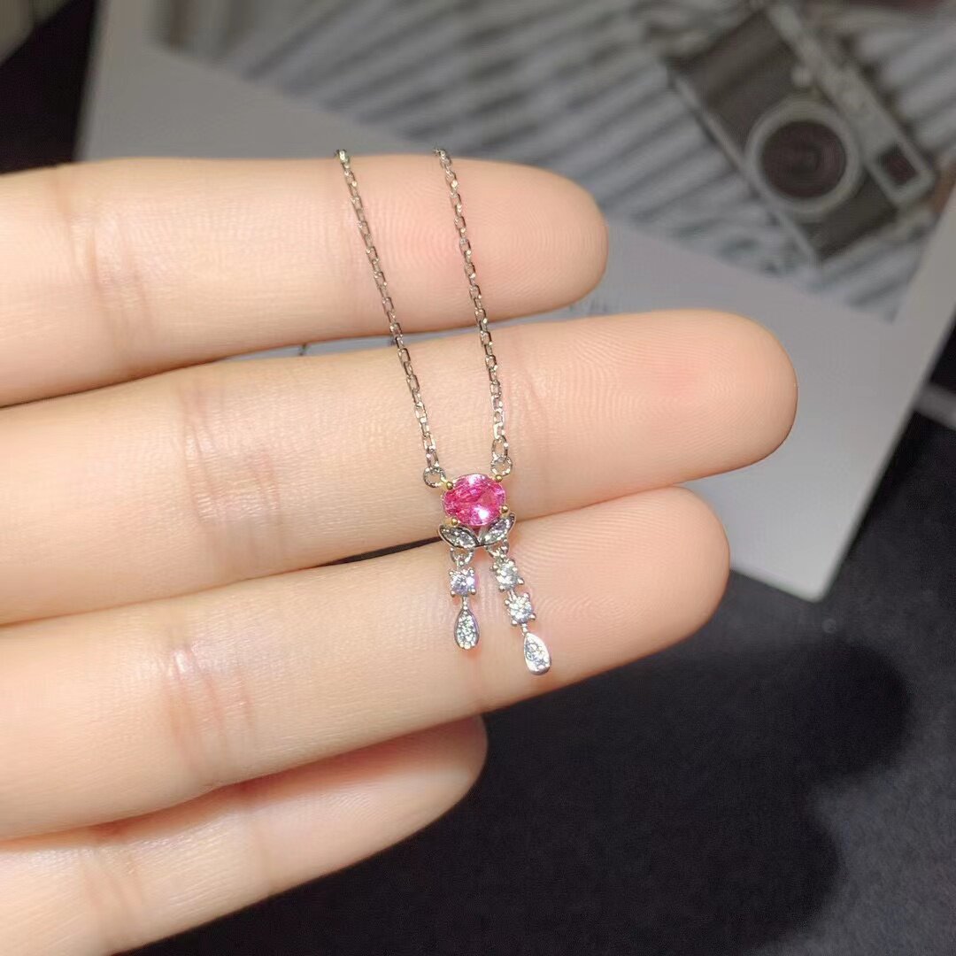 时尚精工锁骨链吊坠镶嵌空托椭圆4*5mm 银镀18K金饰品天然粉蓝宝